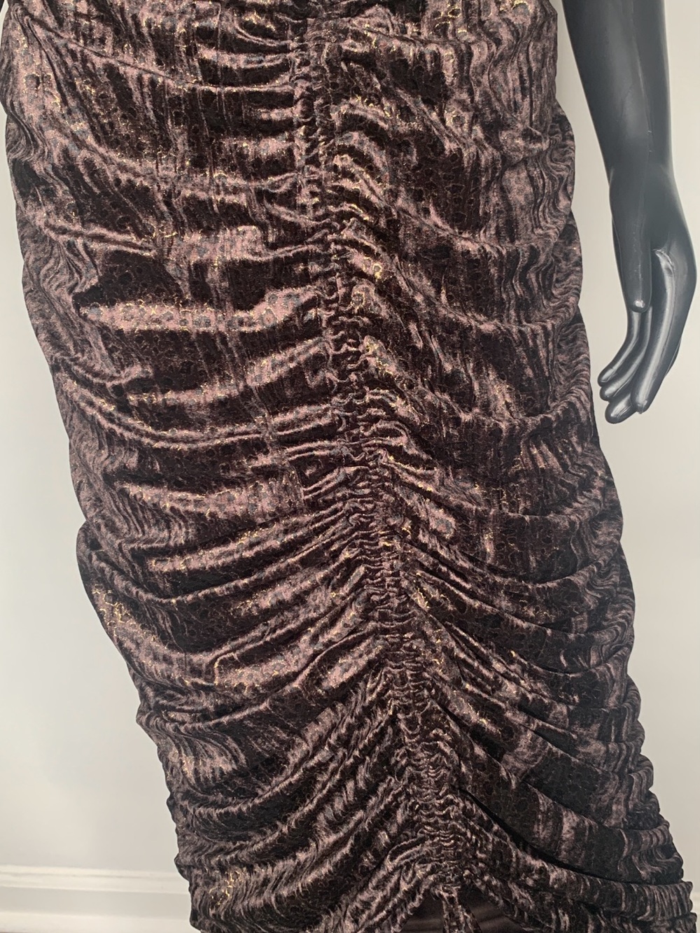 AKIRA Brown Ruched Velvet Midi Skirt with Subtle Metallic Flecks